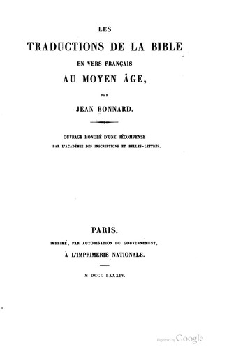 Les Traductions de la Bible en vers français au Moyen Age by Jean Bonnard cover
