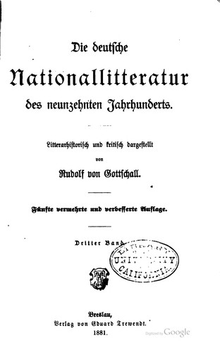 Die deutsche Nationallitteratur des neunzehnten Jahrhunderts by Rudolf von Gottschall cover