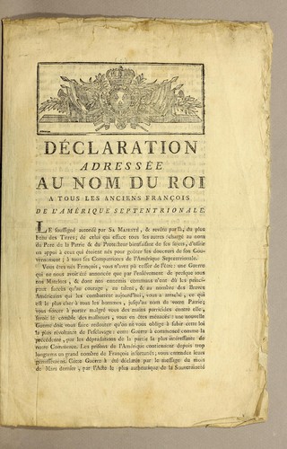 Déclaration adressée au nom du roi a tous les anciens François de l'Amérique Septentrionale by France cover