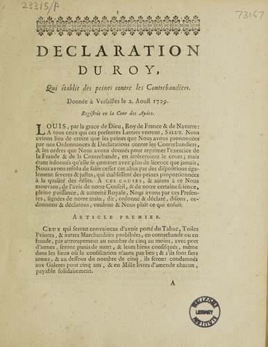 Declaration du Roy, qui établit des peines contre les contrebandiers ... 2 aoust 1729 by France cover