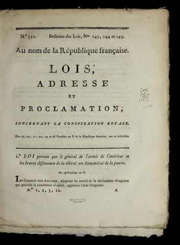 Lois, adresse et proclamation, concernant la conspiration royale by France cover