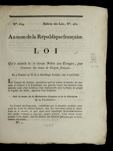 Loi qui assimile les ci-devant nobles aux e trangers, pour l'exercice des droits de citoyen franc ʹais by France cover
