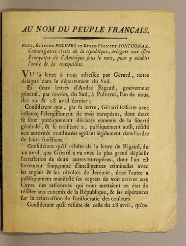Au nom du peuple français by Saint-Domingue. Commissaires nationaux-civils cover