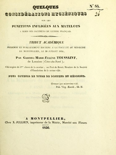 Quelques considérations hygiéniques sur les punitions infligées aux matelots à bord des bâtimens de guerre français by Gabriel Marie Eugène Toussaint cover