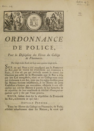 Ordonnance de police, pour la discipline des élèves du Collège de Pharmacie [de Paris] by France. Police cover