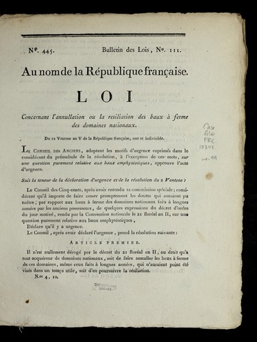 Loi concernant l'annullation ou la resiliation des baux a   ferme des domaines nationaux by France cover