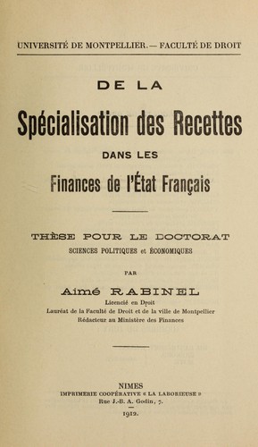De la spécialisation des Recettes dans les finances de l'État français by Aimé Rabinel cover