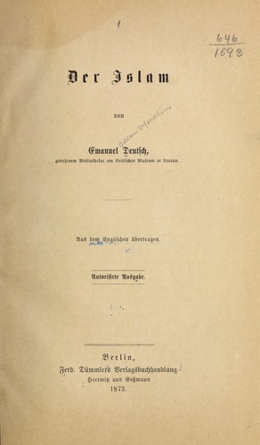 Der Islam by Emanuel Oscar Menahem Deutsch cover