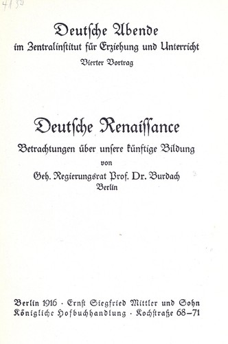 Deutsche Renaissance by Konrad Burdach cover