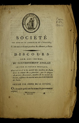 Discours sur les crimes du gouvernement anglais contre le peuple français