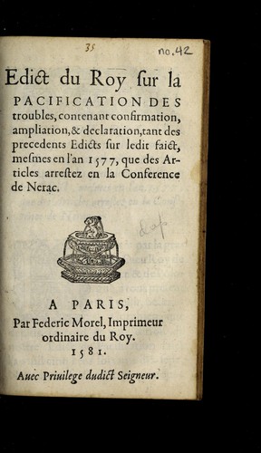 Edict du Roy sur la pacification des troubles by France cover