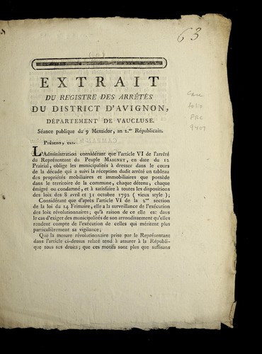 Extrait du registre des arr^ete s by Avignon (France) cover