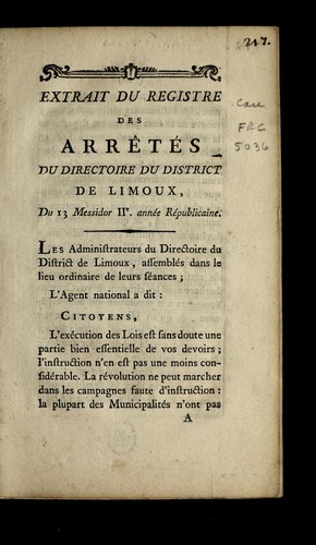 Extrait du registre des arre te s by Limoux (France) cover