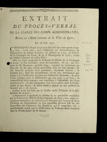 Extrait du proce  s-verbal de la se ance des corps administratifs re unis en l'ho tel commun de la ville de Lyon by Lyon (France) cover