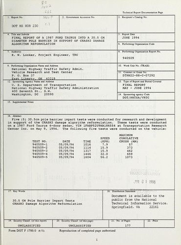 Final report of a 1987 Ford Taurus into a 30.5 cm diameter pole barrier in support of Crash3 damage algorithm reformulation