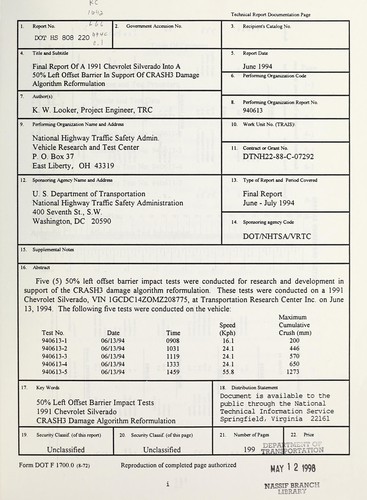 Final report of a 1991 Chevrolet Silverado into a 50% left offset barrier in support of CRASH3 damage algorithm reformulation