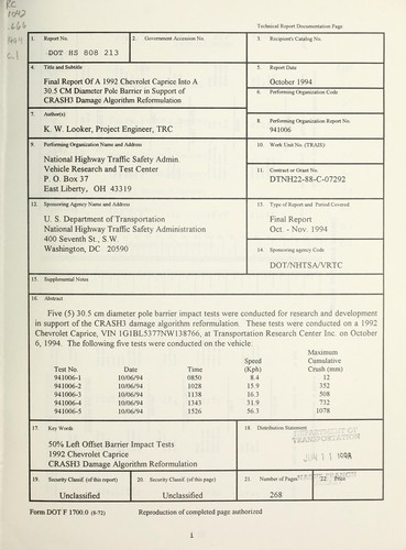 Final report of a 1992 Chevrolet Caprice into a 30.5 cm diameter pole barrier in support of CRASH3 damage algorithm reformulation
