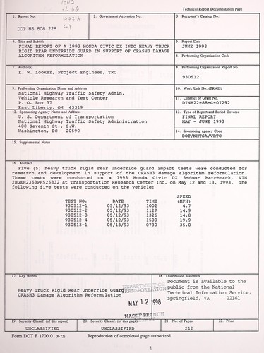 Final report of a 1993 Honda Civic DX into heavy truck rigid rear underride guard in support of Crash3 damage algorithm reformulation
