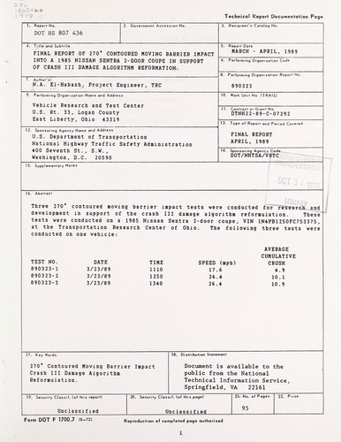 Final report of 270©® contoured moving barrier impact into a 1985 Nissan Sentra 2-door sedan in support of Crash III damage algorithm reformation