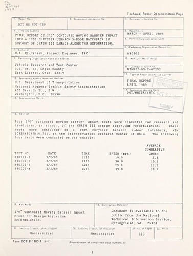 Final report of 270©® contoured moving barrier impact into a 1985 Chrysler Lebaron 5-door hatchback in support of Crash III damage algorithm reformation