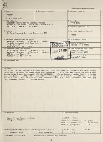 Final report of 315 degree moving contoured barrier impact into a 1986 Chevrolet Celebrity 4-door sedan in support of CRASH III damage algorithm reformulation by S. A. Johnston cover
