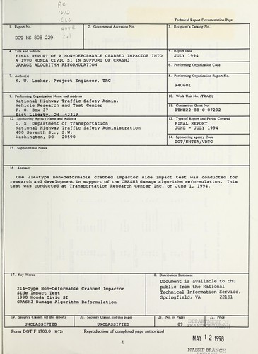 Final report of a non-deformable crabbed impactor into a 1990 Honda Civic SI in support of Crash3 damage algorithm reformulation