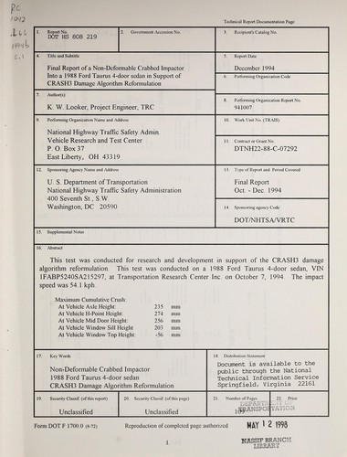 Final report of a non-deformable crabbed impactor into a 1988 Ford Taurus 4-door sedan in support of CRASH3 damage algorithm reformulation