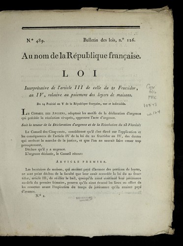 Loi interpre tative de l'article III de celle du 21 fructidor, an IV, relative au paiement des loyers de maisons by France cover