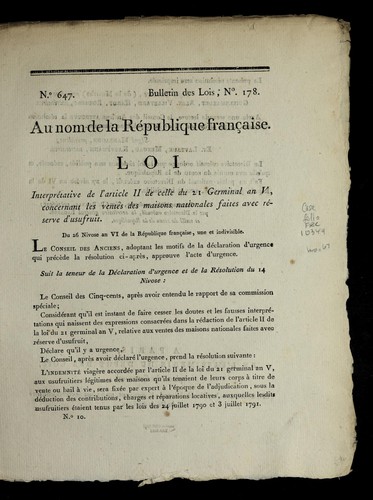 Loi interpre tative de l'article II de celle du 21 germinal an V, concernant les ventes des maisons nationales faites avec re serve d'usufruit by France cover