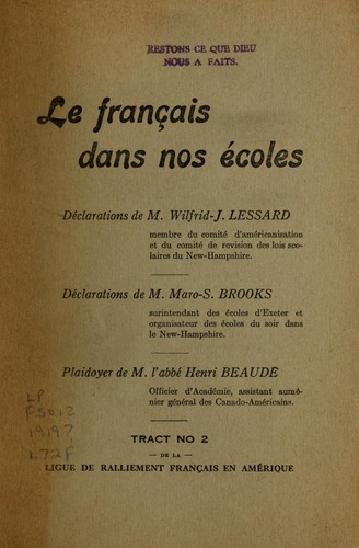 Le francais dans nos ecoles by Ligue de Ralliement Francais en Amerique cover