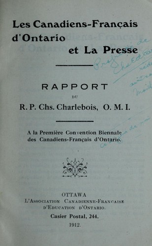Les Canadiens-francais d'Ontario et la press by Charles Charlebois cover
