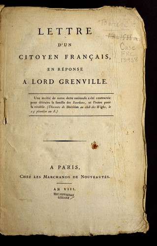 Lettre d'un citoyen français en réponse à Lord Grenville. by B. Barère cover