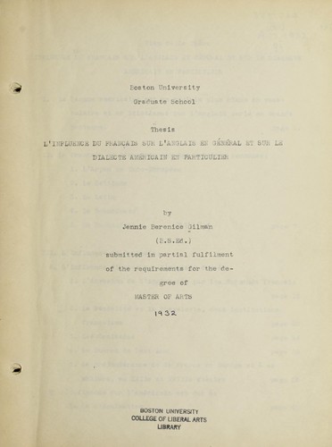 (L') influence du français en général et sur le dialecte américain en particulier by Jennie Berenice Gilman cover