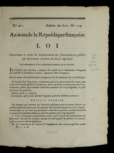Loi concernant le mode de remplacement des fonctionnaires publics qui deviennent membres du Corps le gislatif by France cover