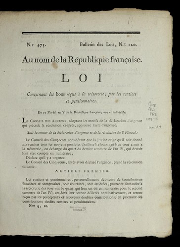 Loi concernant les bons rec ʹus a   la Tre sorerie, par les rentiers et pensionnaires by France cover