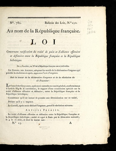 Loi concernant ratification du traite  de paix et d'allience offensive et de fensive entre la Re publique franc ʹaise et la Re publique helve tique by France cover