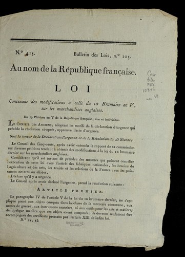 Loi contenant des modifications a   celle du 10 brumaire an V, sur les marchandises anglaises by France cover