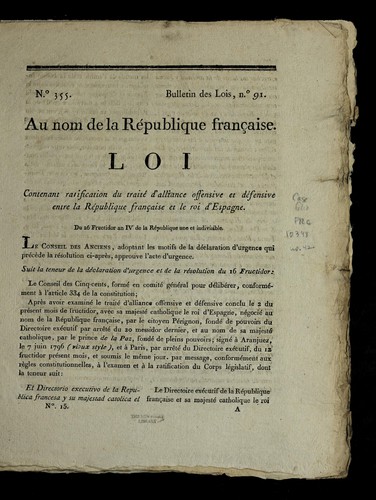 Loi contenant ratification du traite  d'alliance offensive et de fensive entre la Re publique franc ʹaise et le roi d'Espagne by France cover