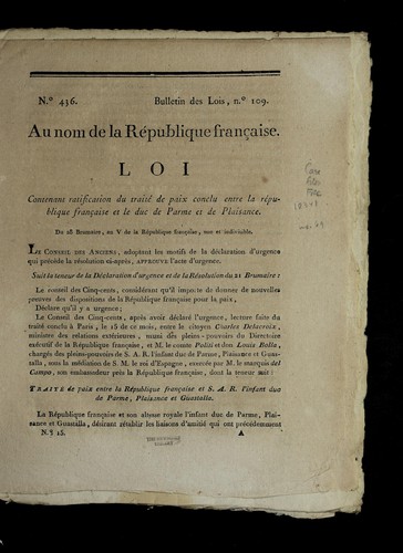 Loi contenant ratification du traite  de paix conclu entre la Re publique franc ʹaise et le duc de parme et de Plaisance by France cover