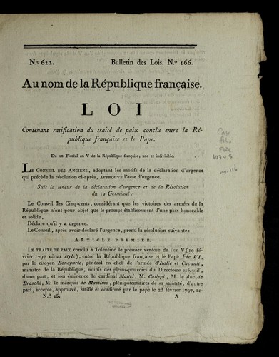 Loi contenant ratification du traite  de paix conclu entre la Re publique franc ʹaise et le pape by France cover