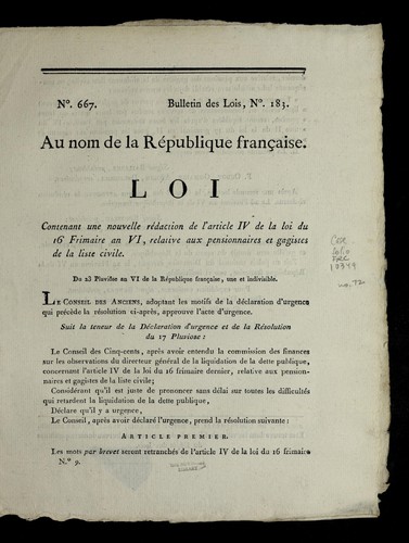 Loi contenant une nouvelle re daction de l'article IV de la loi du 16 frimaire an VI, relative aux pensionnaires et gagistes de la liste civile by France cover