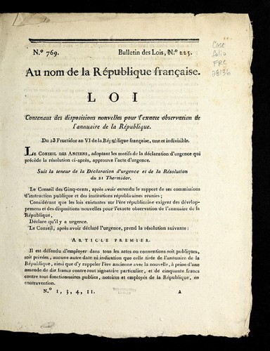 Loi contenaut [i.e. contenant] des dispositions nonvelles [i.e. nouvelles] pour l'exacte observation de l'annuaire de la Re publique by France cover
