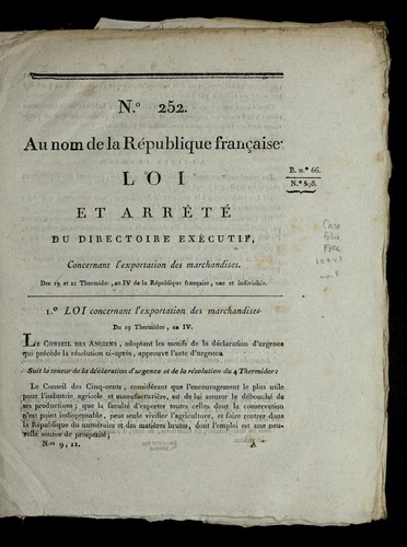 Loi et arre te  du Directoire exe cutif, concernant l'exportation des marchandises by France cover