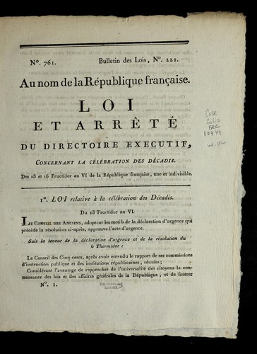 Loi et arre te  du Directoire exe cutif, concernant la ce le bration des de cadis by France cover