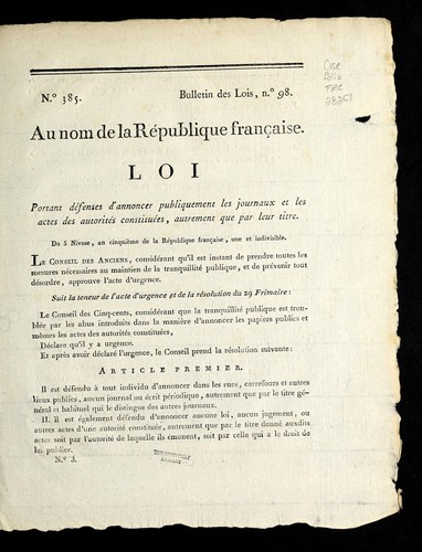 Loi portant de fenses d'annoncer publiquement les journaux et les actes des autorite s constitue es, autrement que par leur titre by France cover