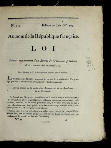 Loi portant e tablissement d'un bureau de liquidation provisoire de la comptabilite  interme diaire