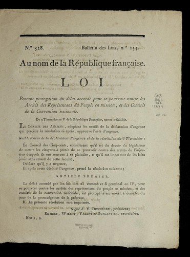 Loi portant prorogation du de lai accorde  pour se pourvoir contre les arre te s des repre sentans du peuple en mission, et des comite s de la Convention nationale by France cover