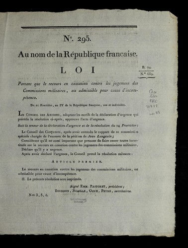 Loi portant que le recours en cassation contre les jugemens des commissions militaires, est admissible pour cause d'incompe tence by France cover