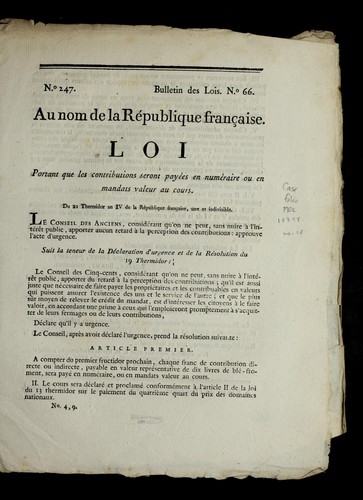 Loi portant que les contributions seront paye es en nume raire ou en mandats valeur au cours by France cover