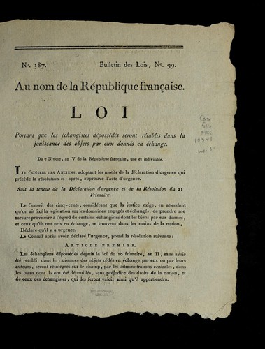 Loi portant que les e changistes de posse de s seront re tablis dans la jouissance des objets par eux donne s en e change by France cover